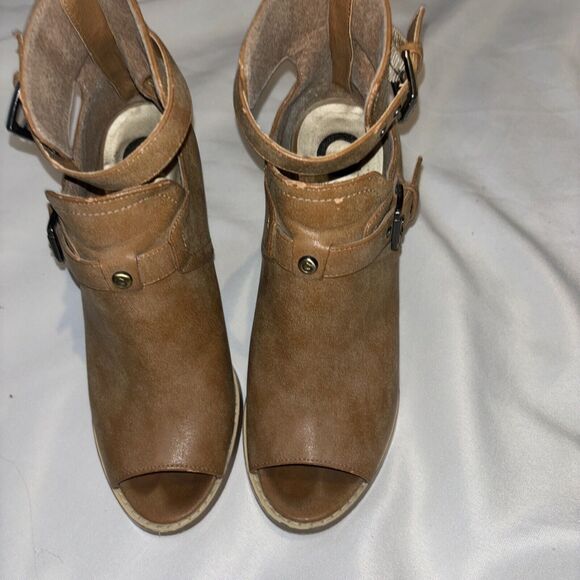 G by Guess camel Open Toe Bootie Block Heels Buckle Zip 9.5‎ Biker Cowgirl work - Picture 3 of 9